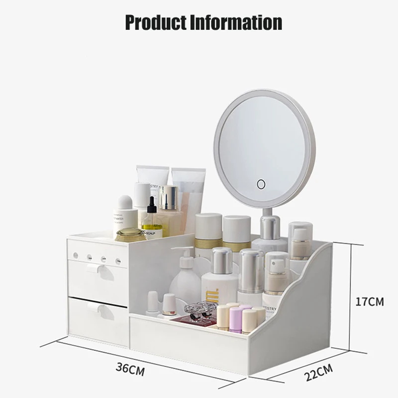 

LED Mirror Skin Care Dressing Table Girl Cosmetic Beauty Case Makeup Organizer Bathroom Large Capacity Drawer Makeup Storage Box