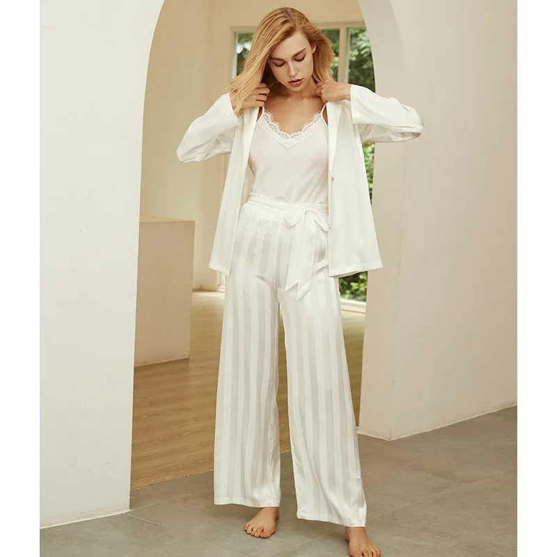 Spring Autumn New Pajamas Women's Spring and Autumn Three Piece Ice Silk Sling Suit Can Be Worn Out Female Pyjamas Sleep Tops