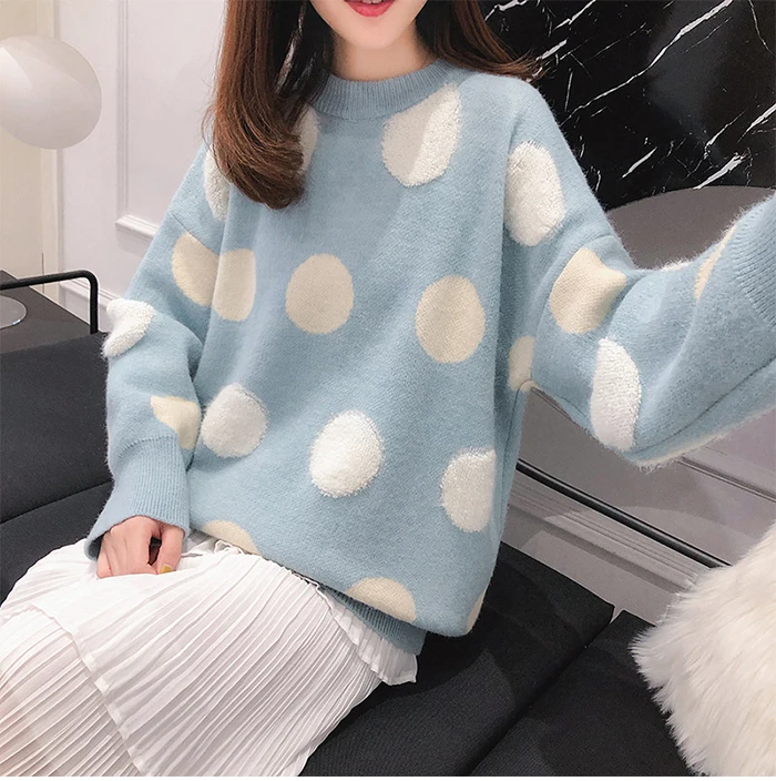 Женский милый sweater в горошек TIGENA, теплый вязаный свободный пуловер с длинным рукавом, джемпер для женщин на зиму