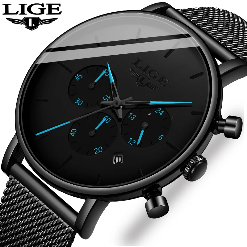 Часы наручные LIGE мужские Кварцевые водонепроницаемые модные повседневные