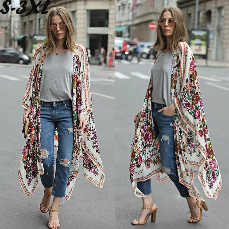 Модная одежда Бохо Винтаж Женщины Цветочные Свободные шаль кимоно шифон пальто