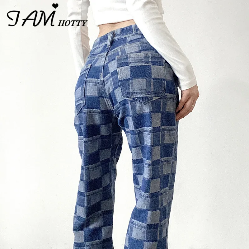 

Женские прямые джинсы в клетку, винтажные мешковатые джинсовые брюки из мягкого хлопка в стиле Харадзюку, Корейская уличная одежда, Iamhotty
