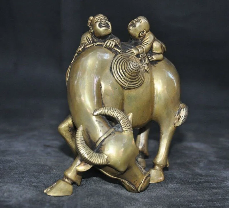 

wedding decoration old Chinese bronze Zodiac Boy Ox Oxen Cow Cattle Bull Animal Statue Pair