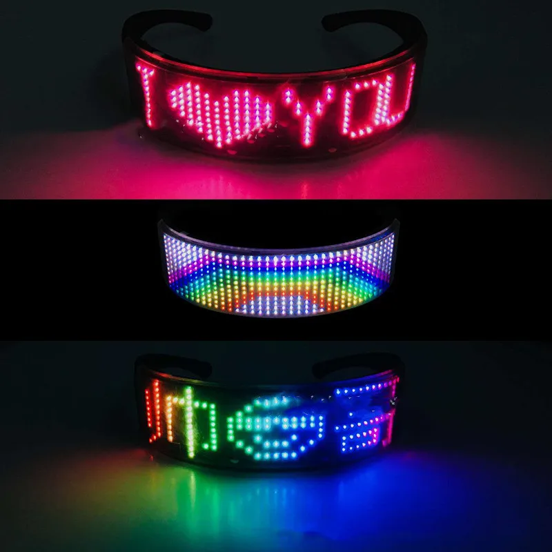저렴한 프로그래밍 가능한 블루투스 RGB 풀 컬러 발광 LED 안경 크리스마스 파티 조명 선물 축제 스크롤