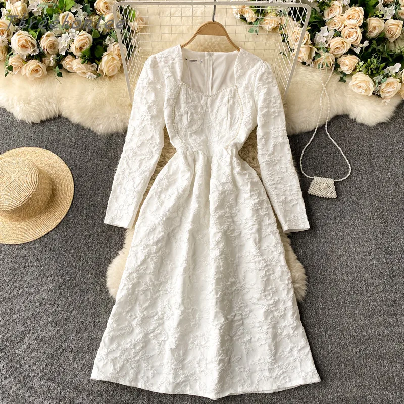 

2021 Summer Korean Vintage Robe Chic Elegant Dresses Woman Square Collar Puff Sleeve Beading Female Party Dress Vestidos