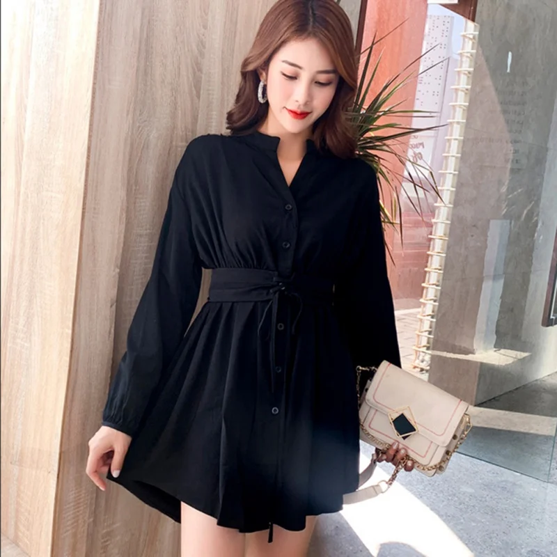 Женское платье с длинным рукавом высокой талией и шнуровкой Повседневное для