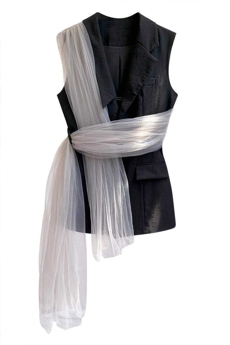 

[DEAT] Women Loose Fit Black Big Size Patchwork Mesh Vest New V-collar Sleeveless Fashion Tide Spring Summer 2021 WN42301L