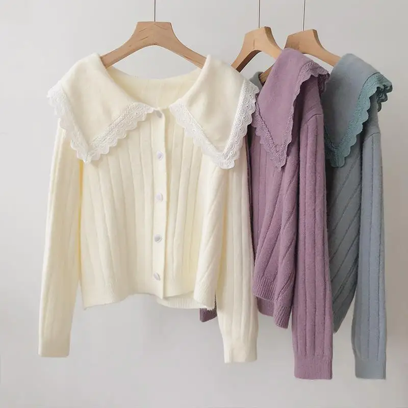 

Свитер с кукольным воротником кардиган женский с длинными рукавами Осень/зима 2021 модная темпераментная новая Корейская свободная кружевна...