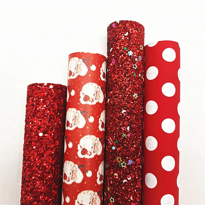 4PCS/SET Christmas Red Glitter Vinyl Fabric Matching with Polka Dots Santa Claus Faux Leather For Bows Earrings DIY 21X29CM Q067