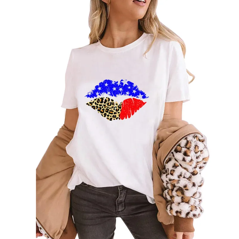 Женская летняя футболка со слоганом и леопардовым принтом в виде флага Америки