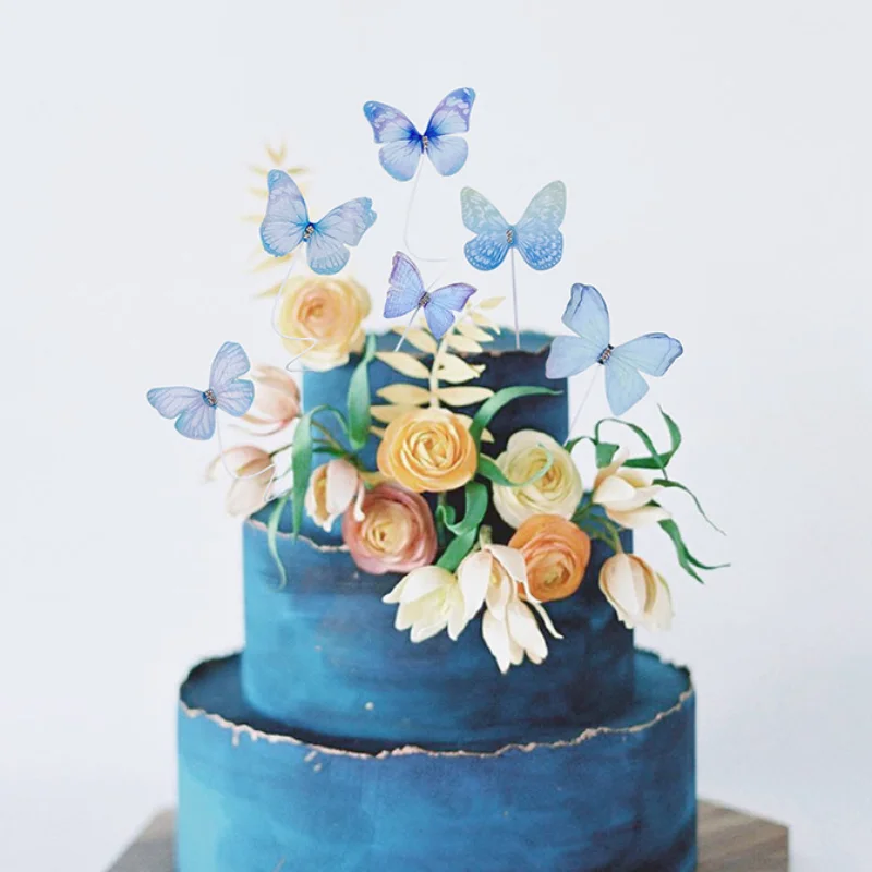 

Happy Birthday Cake Topper Fairy Blue Net Yarn Butterfly DIY Multicolor Butterfly Valentine's Day Birthday Cake Baking Decor
