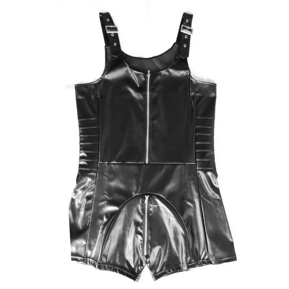 

Men Gay Costume PU Leather Catsuit Black Thick PVC Latex Bodysuits Sexy Open Crotch Zipper Jumpsuit Clubwear Game Uniforms