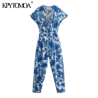 kpytomoa women 2021 chic fashion with bow tied floral print jumpsuit vintage short sleeve elastic waist female playsuits mujer