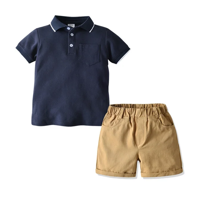 

Little Boy\u2019s Cotton Short-sleeved Suit Fresh Solid Color Lapel Shirt and Elastic Short Pants