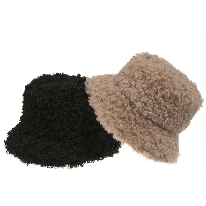

Winter Thick Warm Soft Lamb Wool Women Bucket Hat Solid Color Female Ladies Flat Top Hat Winter Beanie Bonnet