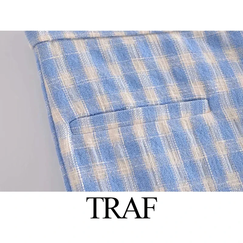 

TRAF ZA Women's Clothing Casual Pants Fashion Straight Pants Chic Zipper High Waist Plaid Printed Pants Commuter Retro Wearing