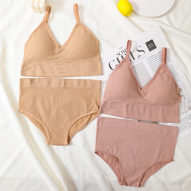 

Women Bra And Panty Set Ribbed Bra Crop Top Sport Bra High Waist Briefs Set Sexy Lingerie Female Fitness Seamless Underwear