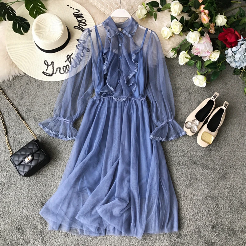 Женское Сетчатое платье с оборками и бантом весеннее милое из двух предметов