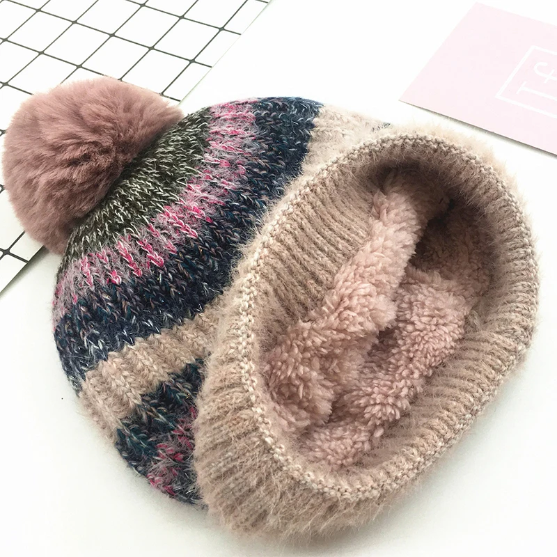 Winter Pompon Hat Scarf Goloves Set For Women Elegant Kintted Warm With Lining High-Quality Female Beanies Three-piece |