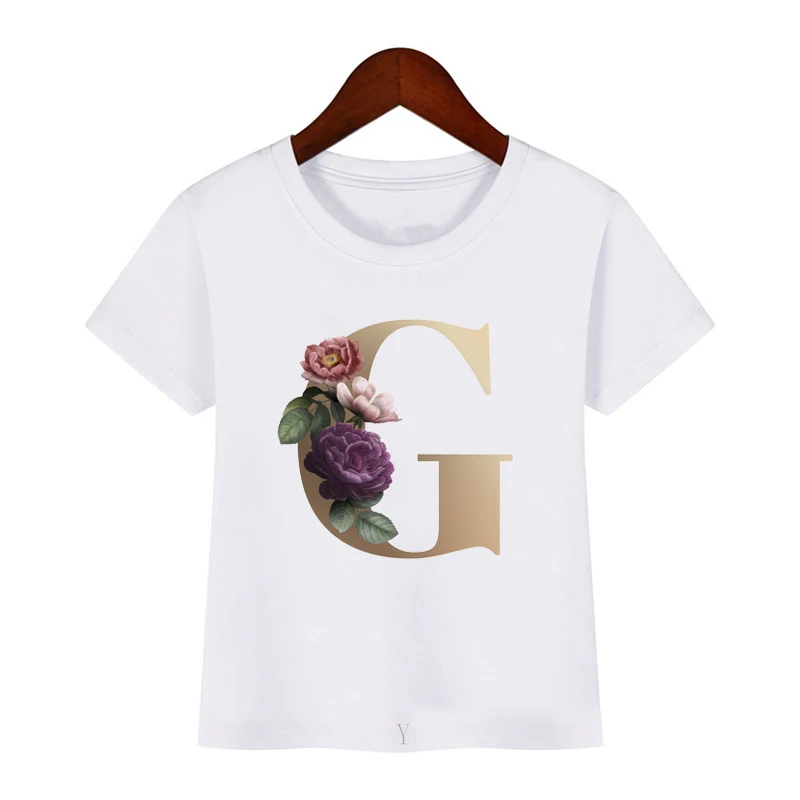 

Golden Letter Summer Alphabet Flower Combination Print Children's T Shirt Fashion White Top Tee Kids Harajuku Casual Girl Tshirt