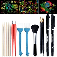 14pcs scratch tool set with bamboo sticks scraper repair scratch pen black brush for kids children scratch painting gift