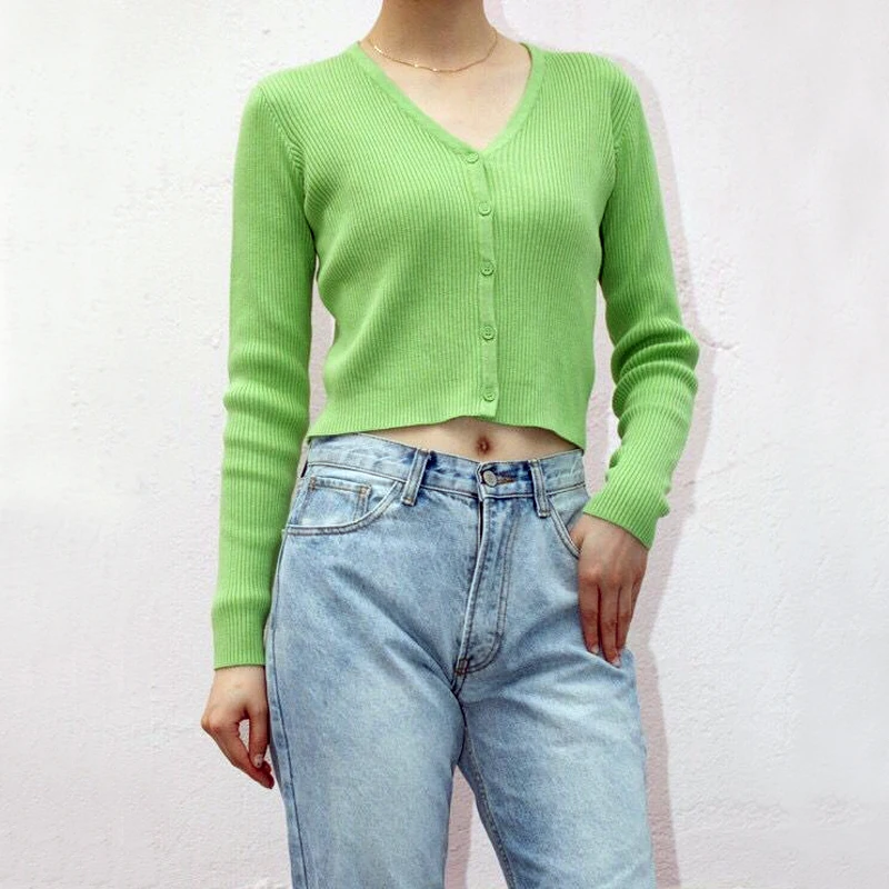 Женский Укороченный кардиган в рубчик с v-образным вырезом вязаный укороченный