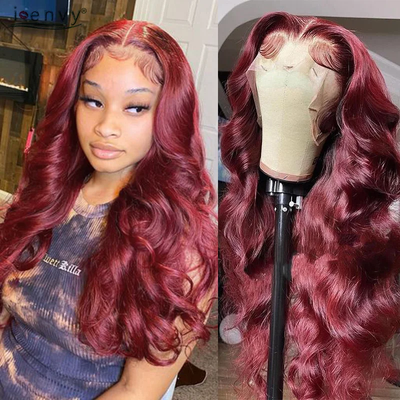 

99J Body Wave Lace Frontal Wig Pre Pluck Peruvian Red Burgundy Lace Front Wig Human Hair Wigs Colored Transpant Lace Wig Curly