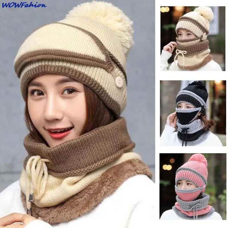 

Winter women's Mask Balaclava Hat for girls Scarf Thick Warm Fleece Inside Knitted Hat Scarf Set 3pcs Winter Hats