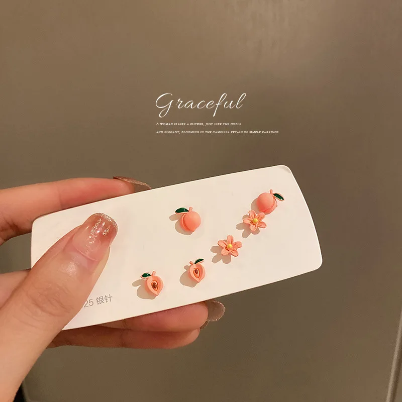 

Peach Blossom Peach Earrings Korean Fashion Cute Earrings Simple Earrings for Women Suit Combination Six-piece Set Jewelry