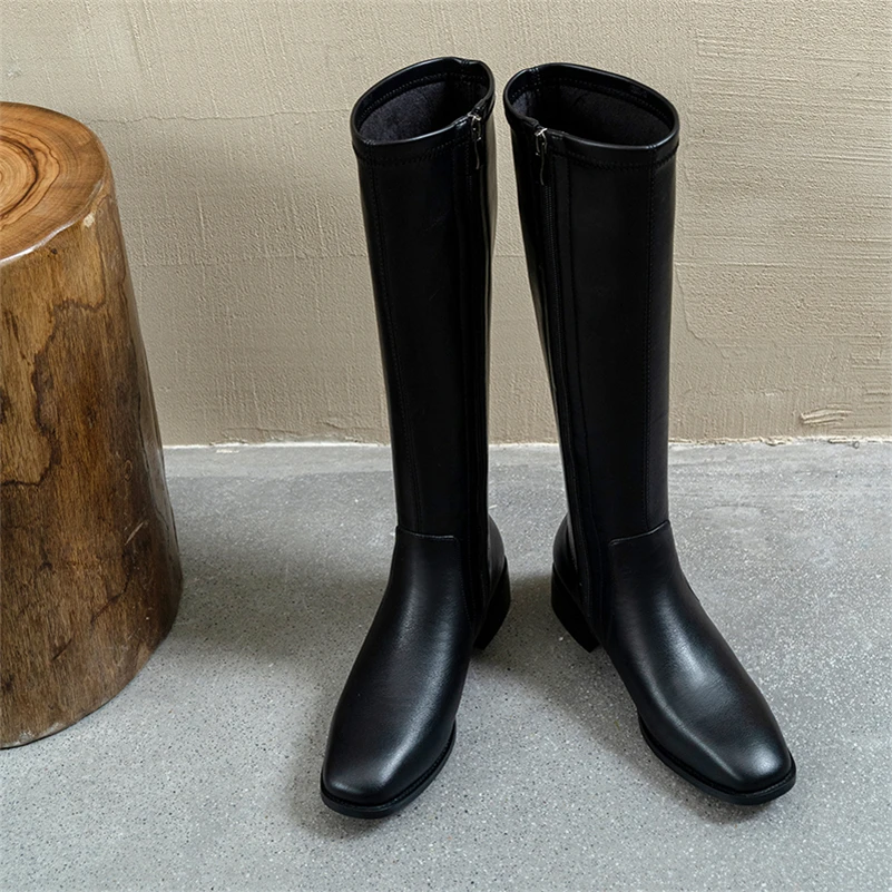 

Meotina Women Genuine Leather Riding Boots Thick Med Heel Knee High Boot Round Toe Zipper Ladies Boots Autumn Winter Beige 41