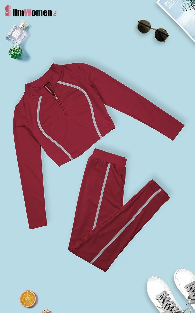 Осенний Женский комплект 2 шт. спортивный костюм со светоотражающими полосками