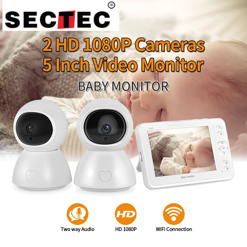 SecTec 5 дюймов видеоняня 1080P HD камера WiFi Cry сигнализация няня 2 шт детская ночное