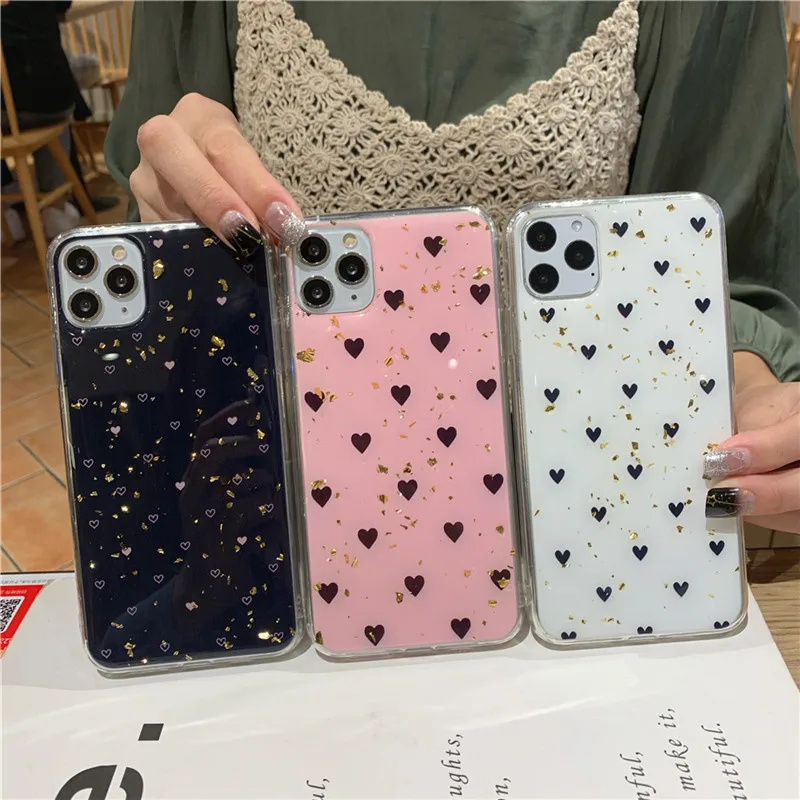 Блестящие Чехлы KJOEW из золотой фольги с любовным сердцем для iPhone 11 Pro Max X XR Xs мягкий