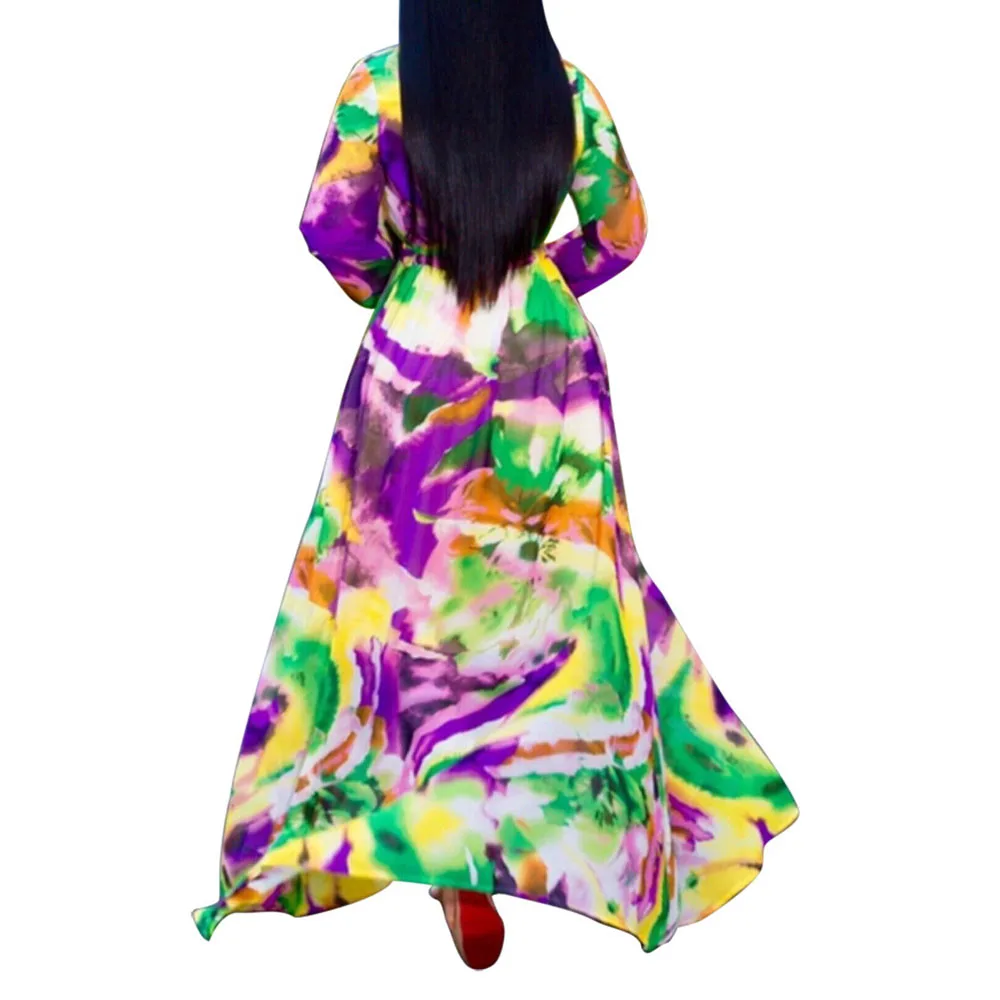 

Chiffon Long Dress Maxi Ladies Beach Holiday Sexy V Neck Long Sleeve Vestidos Floral Print Boho Casual Autumn Fall Dress Women
