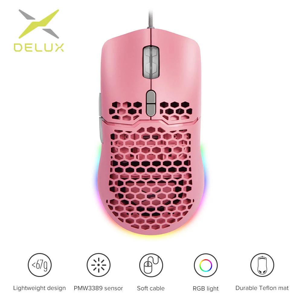 Delux M700 PMW3389 розовая игровая мышь 67g легкая сотовая оболочка эргономичная с мягким