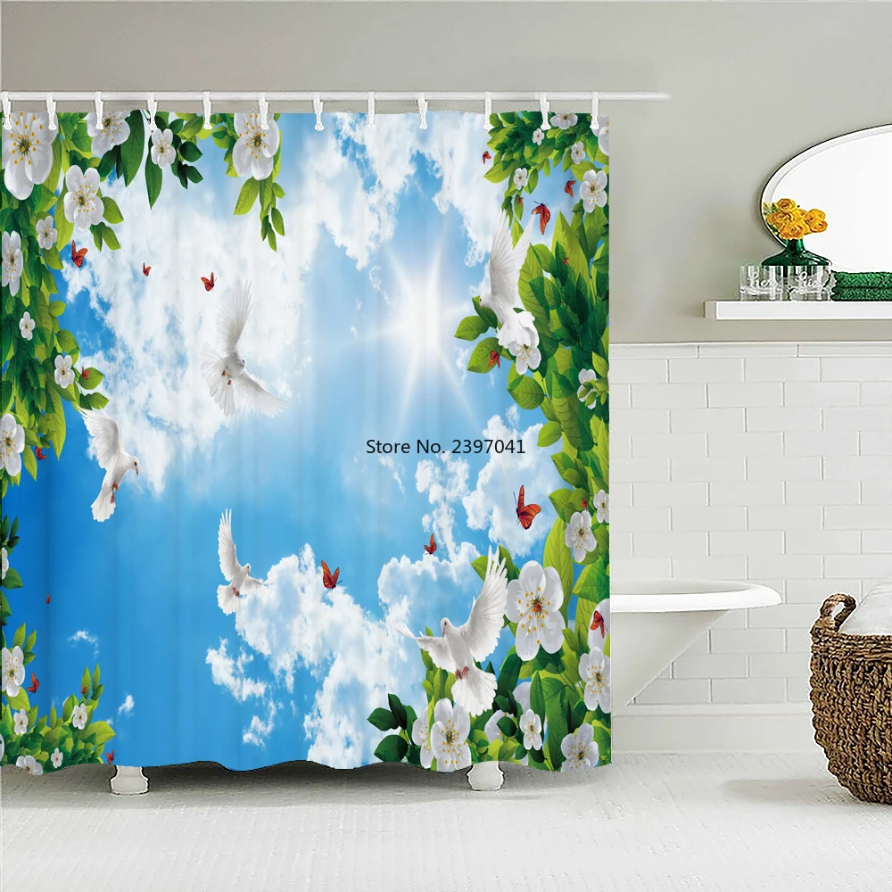 

Sunny Blue Sky White Clouds landscape Shower Curtain With Hooks Waterproof Fabric Pigeon Birds Scenery Decor Bathroom Curtains