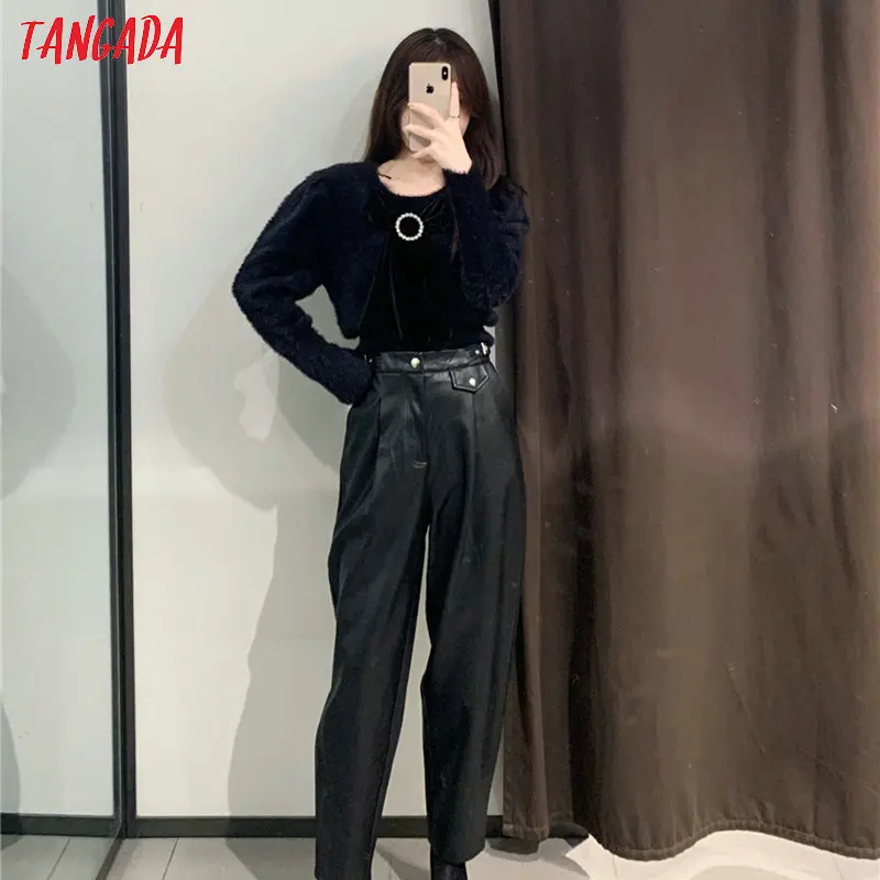Tangada, женские черные штаны из искусственной кожи, зимние штаны с эластичной талией и карманами, винтажные повседневные женские брюки из искусственной кожи 6A125