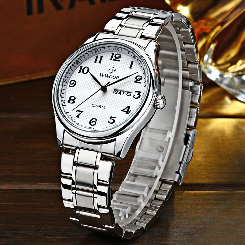 WWOOR Classic White Watch Men Luxury Brand Waterproof Quartz Vintage Men Watch With Date Stainless Steel Wristwatch Reloj Hombre