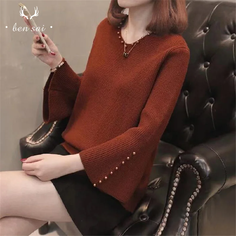 Women V-neck Knitted Sweater Solid Color Trumpet Sleeve Pearl Beaded Temperament Spring Autumn New | Женская одежда