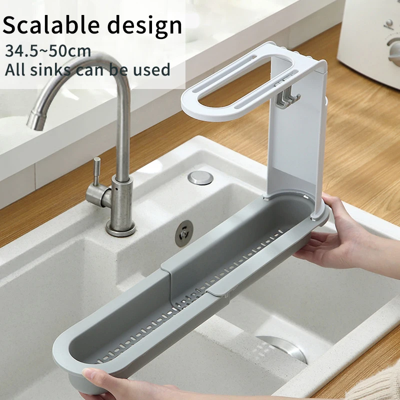 

Kitchen Sink Telescopic Drain Rack Adjustable Sink Organizer Sponge Brush Holder with Dishcloth Hanger Expandable TN9