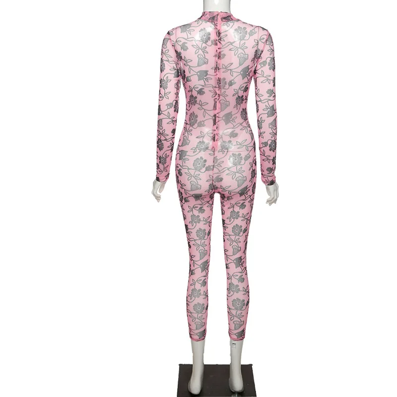 

ZKYZWX Sexy Mesh Sheer Floral Long Sleeve Rompers Womens Jumpsuit Summer Clother One Piece Club Body Outfits Bodycon Overalls