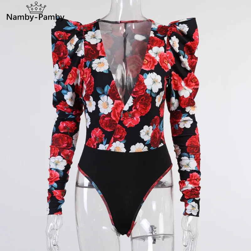 

2021 Spring Elegant Bohemian Printed Jumpsuit Jumpsuit Ladies Jumpsuit Puff Sleeve Tight Sexy V-neck Tights