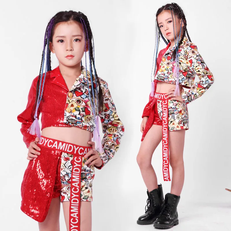 Детский костюм для джазовых танцев красная куртка с блестками в стиле хип-хоп |