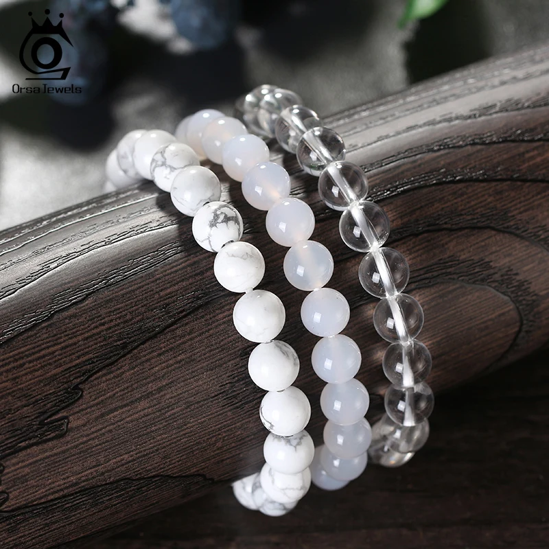 

ORSA JEWELS 3Pc/set Reiki Chakra Stone Bracelet Natural Stone Bracelet for Women Men Howlite White Agate 8mm Bead Men Gift GMB37