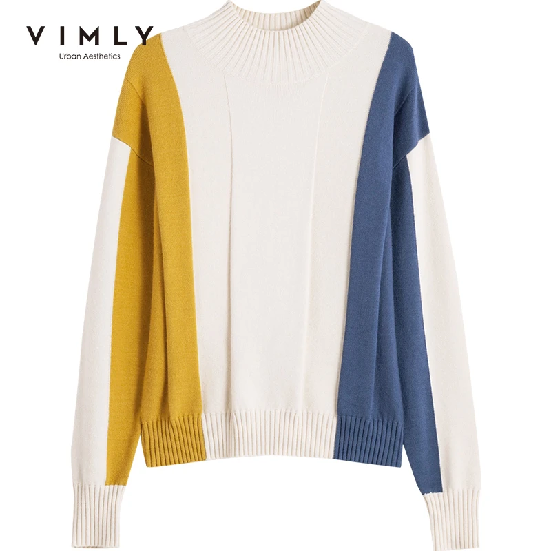 Vimly толстый свитер для женщин в полоску вязаный с высоким плотно облегающим шею