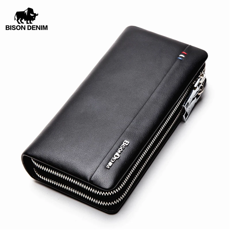 BISON DENIM мужской кошелек с карманом для монет, Длинный кошелек на двойной молнии, деловой клатч из натуральной кожи, сумочка из воловьей кожи, Мужская N8008-2
