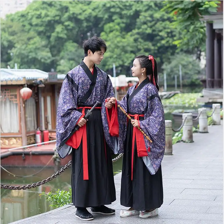 

Китайский Ветер традиционный костюм ханьфу Мужская и женская одежда печать 3 шт Wei Jin opera пара весна осень PC студент