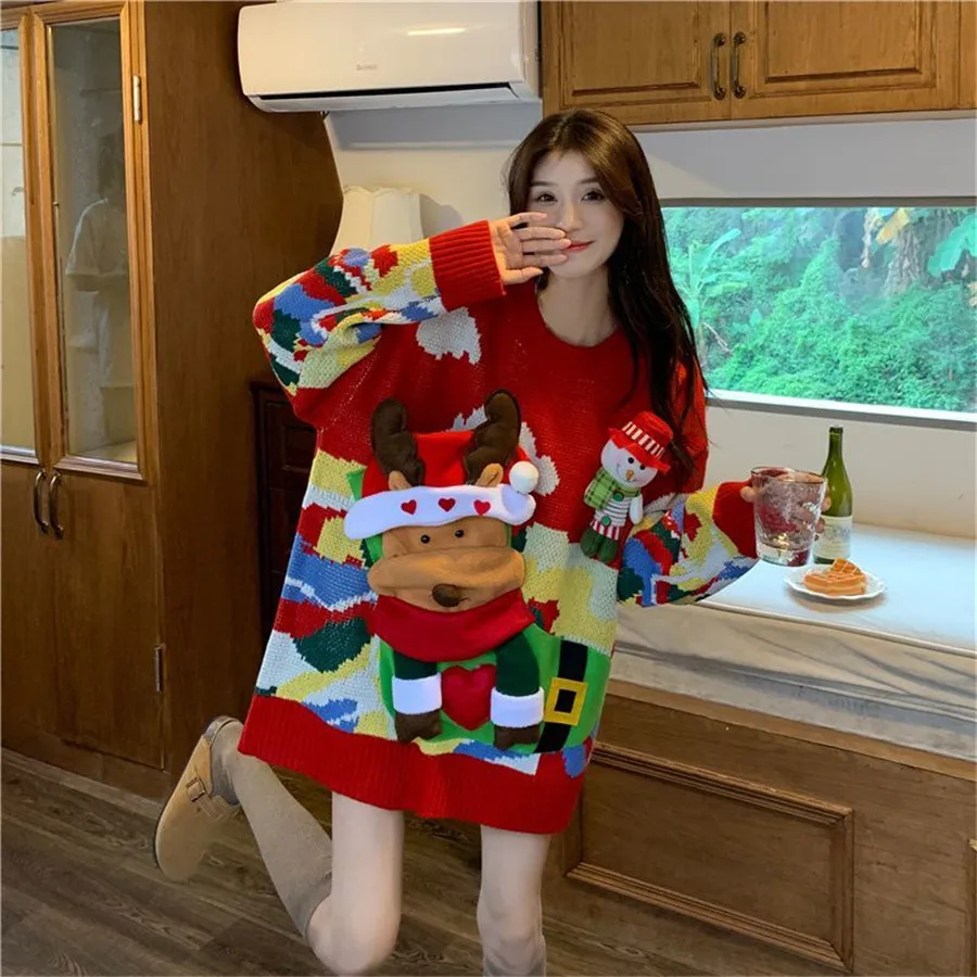 

Christmas Pullover Woman Three-Dimensional Long Sleeve Sweater Casual Top Cartoon Elk Mid-Length Thicken Warm Knittied TT1098