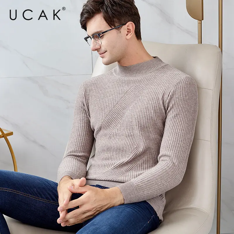 UCAK бренд мериносовой шерстяной мужской свитер уличная Slim Fit Pull Homme Осень Зима Водолазка свитера кашемировый пуловер для мужчин U3046 - Цвет: Хаки