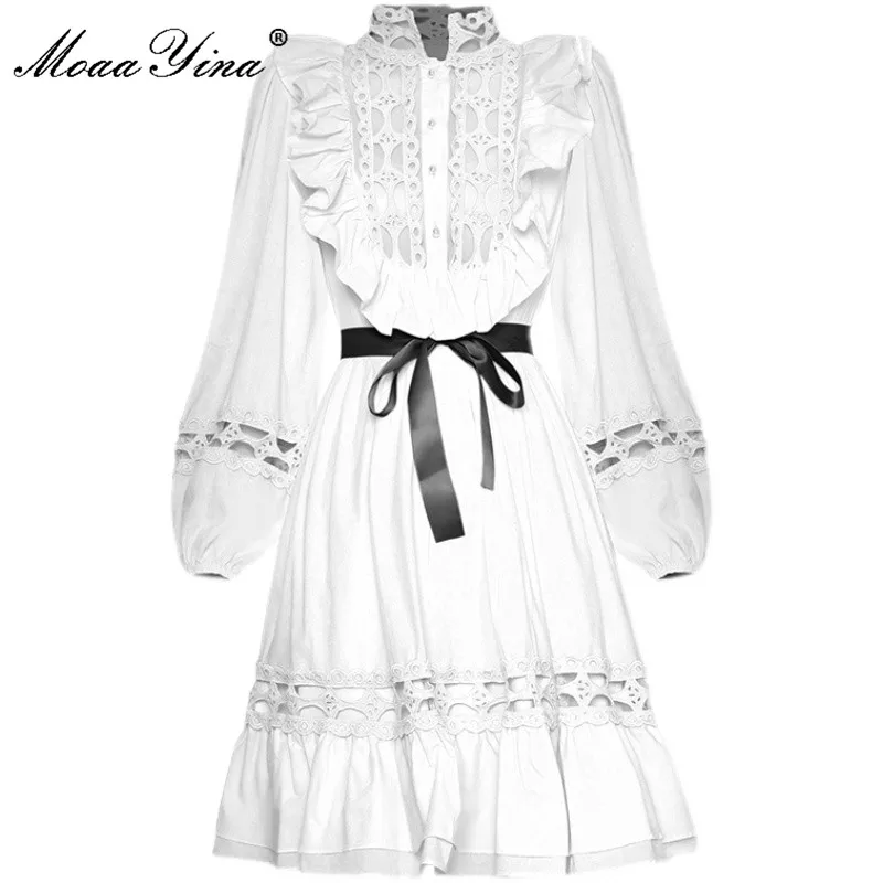 

Moaa Yina Fashion Designer dress Spring Women's Dress Lantern sleeve Hollow out Belted Elegant White Short Dress Vestidos
